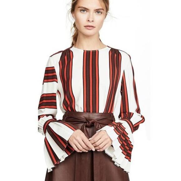 Tory Burch Maverick Top 100% Silk Flare Sleeve Striped Ivory Red NWT 0 - Picture 1 of 12